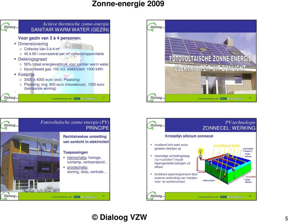 800 euro (nieuwbouw), 1200 euro (bestaande woning) 17 18 Fotovoltaïsche zonne-energie (PV) PRINCIPE Rechtstreekse omzetting van zonlicht in elektriciteit Toepassingen kleinschalig: horloge, tuinlamp,