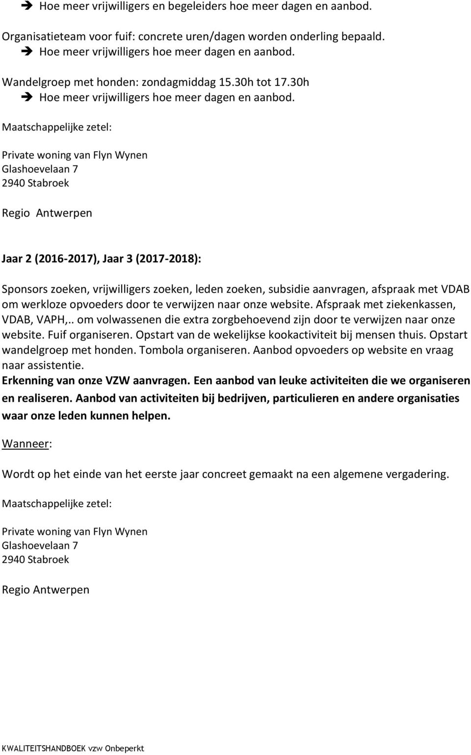 Maatschappelijke zetel: Private woning van Flyn Wynen Glashoevelaan 7 2940 Stabroek Regio Antwerpen Jaar 2 (2016-2017), Jaar 3 (2017-2018): Sponsors zoeken, vrijwilligers zoeken, leden zoeken,