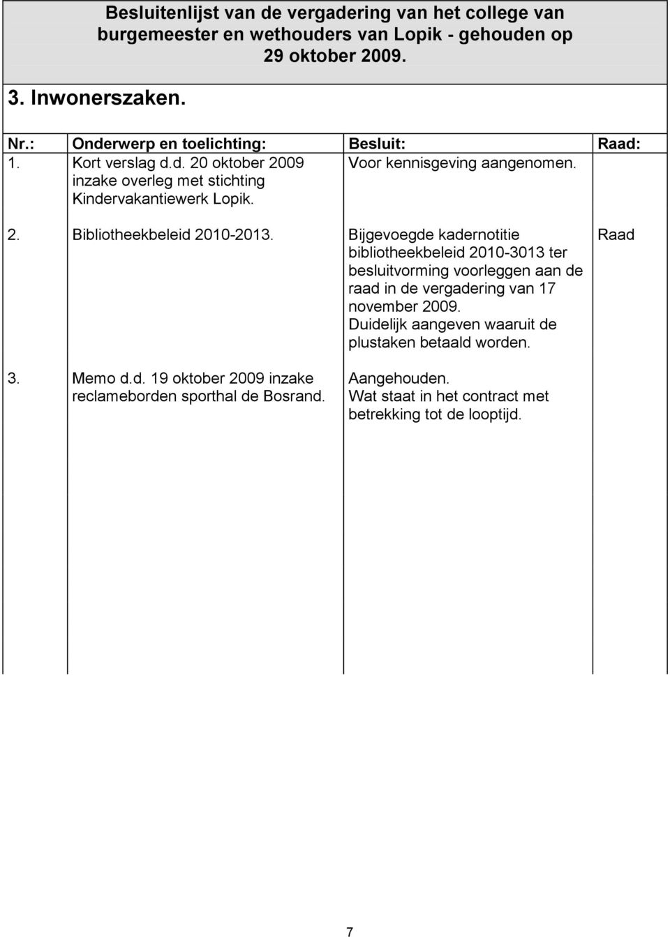 Bijgevoegde kadernotitie bibliotheekbeleid 2010-3013 ter besluitvorming voorleggen aan de raad in de vergadering van 17 november 2009.