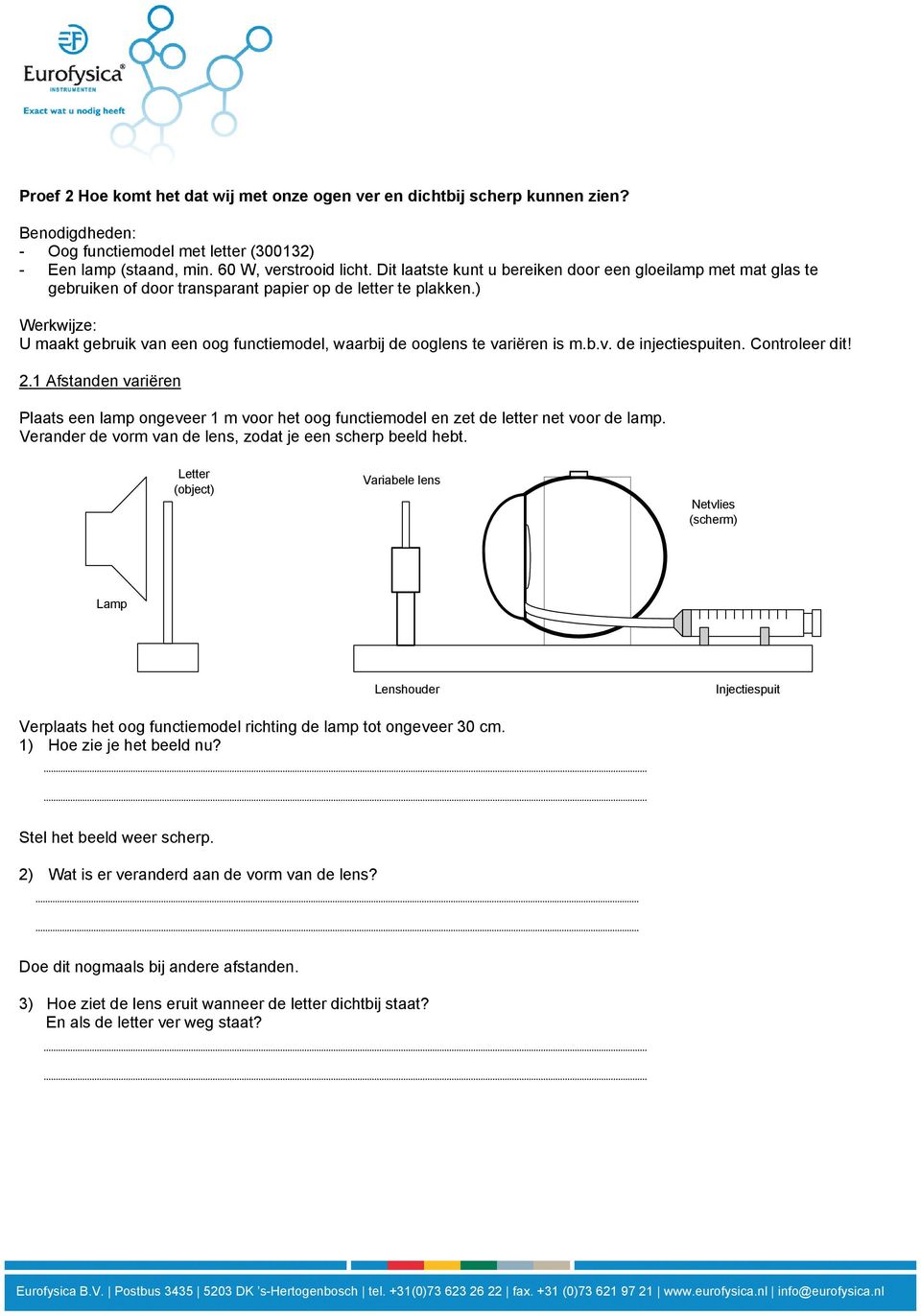 ) U maakt gebruik van een oog functiemodel, waarbij de ooglens te variëren is m.b.v. de injectiespuiten. Controleer dit! 2.