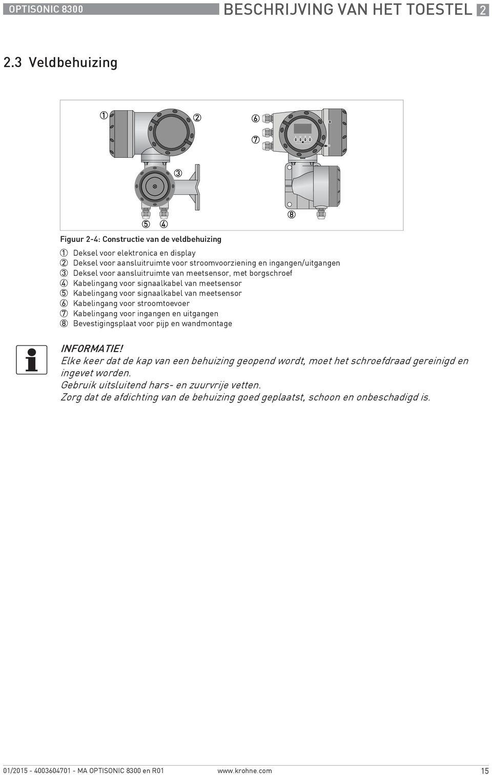 aansluitruimte van meetsensor, met borgschroef 4 Kabelingang voor signaalkabel van meetsensor 5 Kabelingang voor signaalkabel van meetsensor 6 Kabelingang voor stroomtoevoer 7