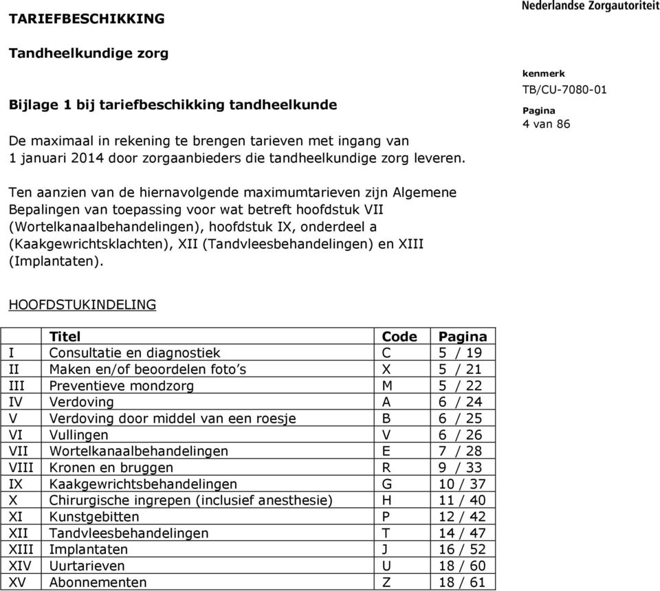 kenmerk 4 van 86 Ten aanzien van de hiernavolgende maximumtarieven zijn Algemene Bepalingen van toepassing voor wat betreft hoofdstuk VII (Wortelkanaalbehandelingen), hoofdstuk IX, onderdeel a