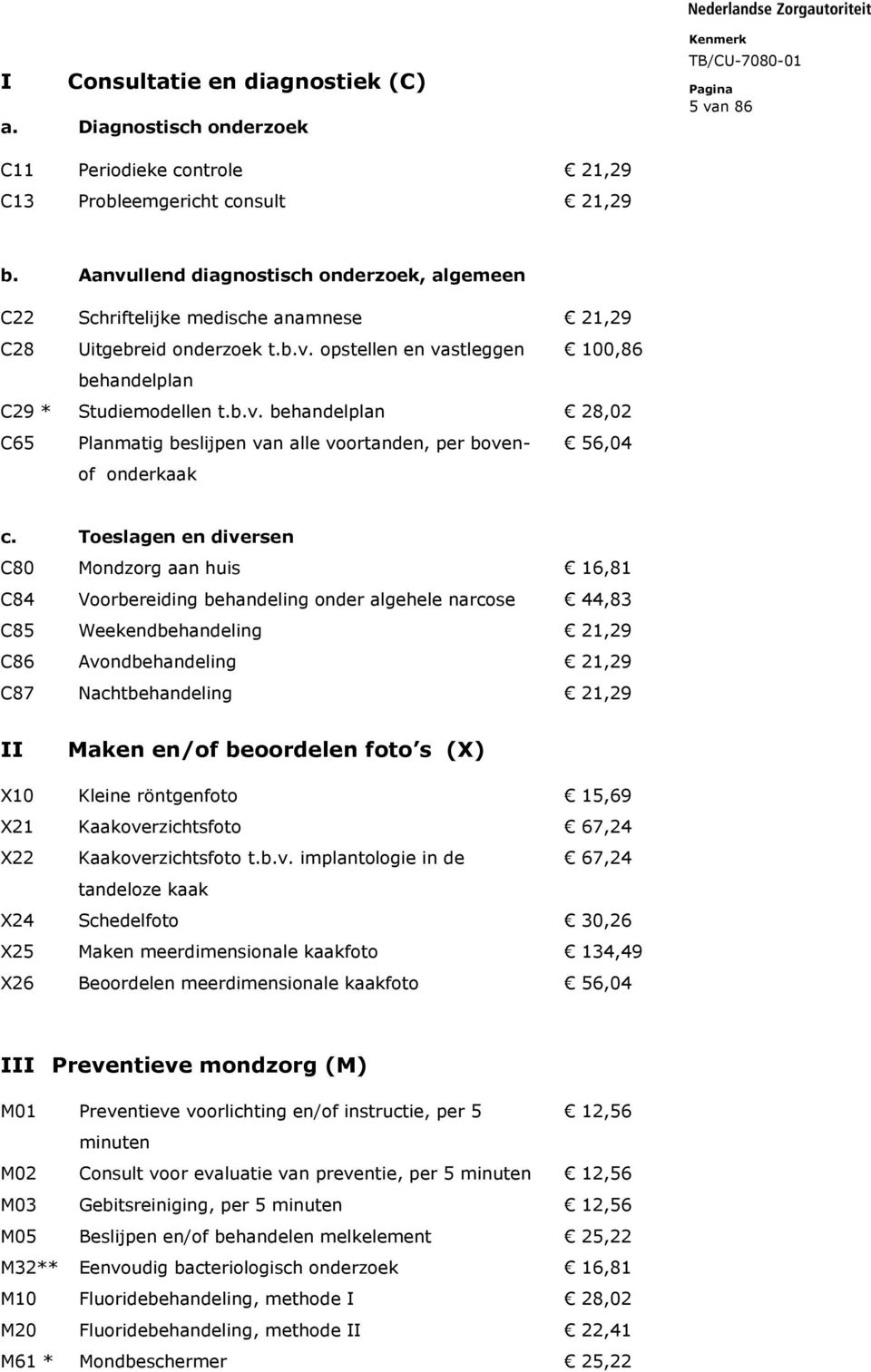 Toeslagen en diversen C80 Mondzorg aan huis 16,81 C84 Voorbereiding behandeling onder algehele narcose 44,83 C85 Weekendbehandeling 21,29 C86 Avondbehandeling 21,29 C87 Nachtbehandeling 21,29 II