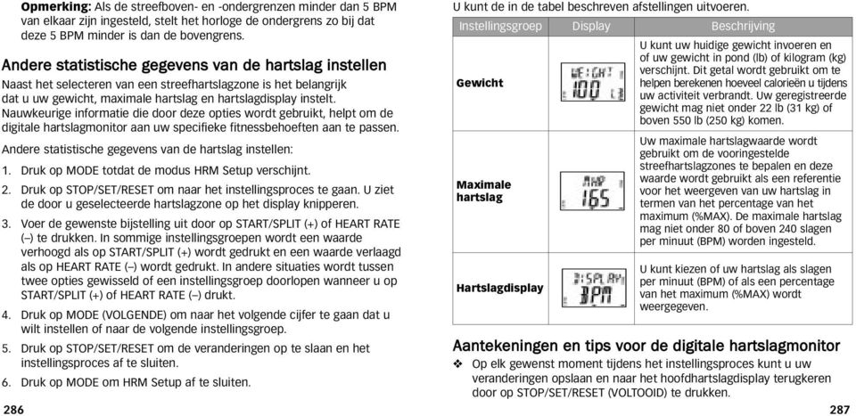 Nauwkeurige informatie die door deze opties wordt gebruikt, helpt om de digitale hartslagmonitor aan uw specifieke fitnessbehoeften aan te passen.