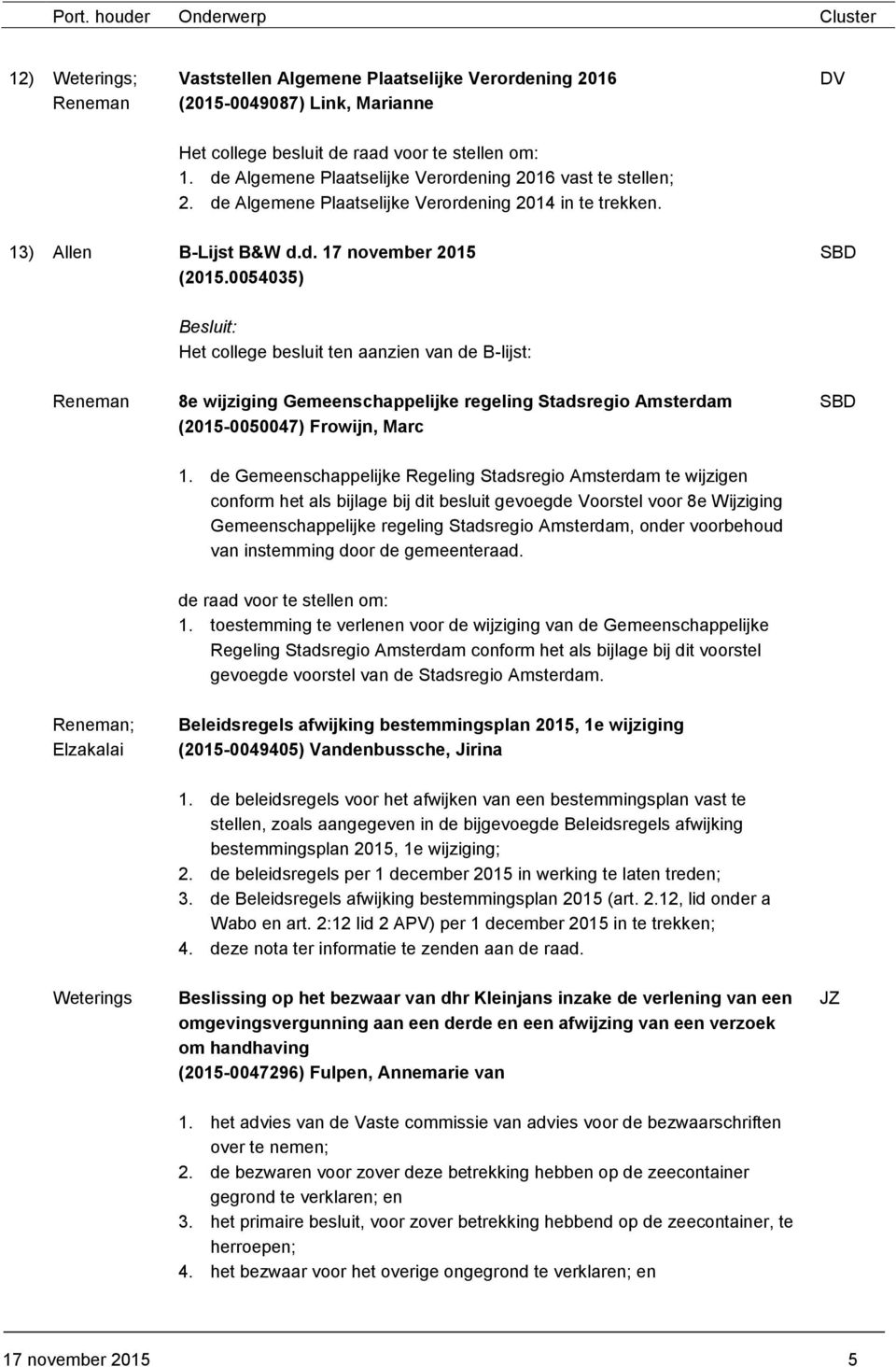 0054035) Het college besluit ten aanzien van de B-lijst: 8e wijziging Gemeenschappelijke regeling Stadsregio Amsterdam (2015-0050047) Frowijn, Marc 1.