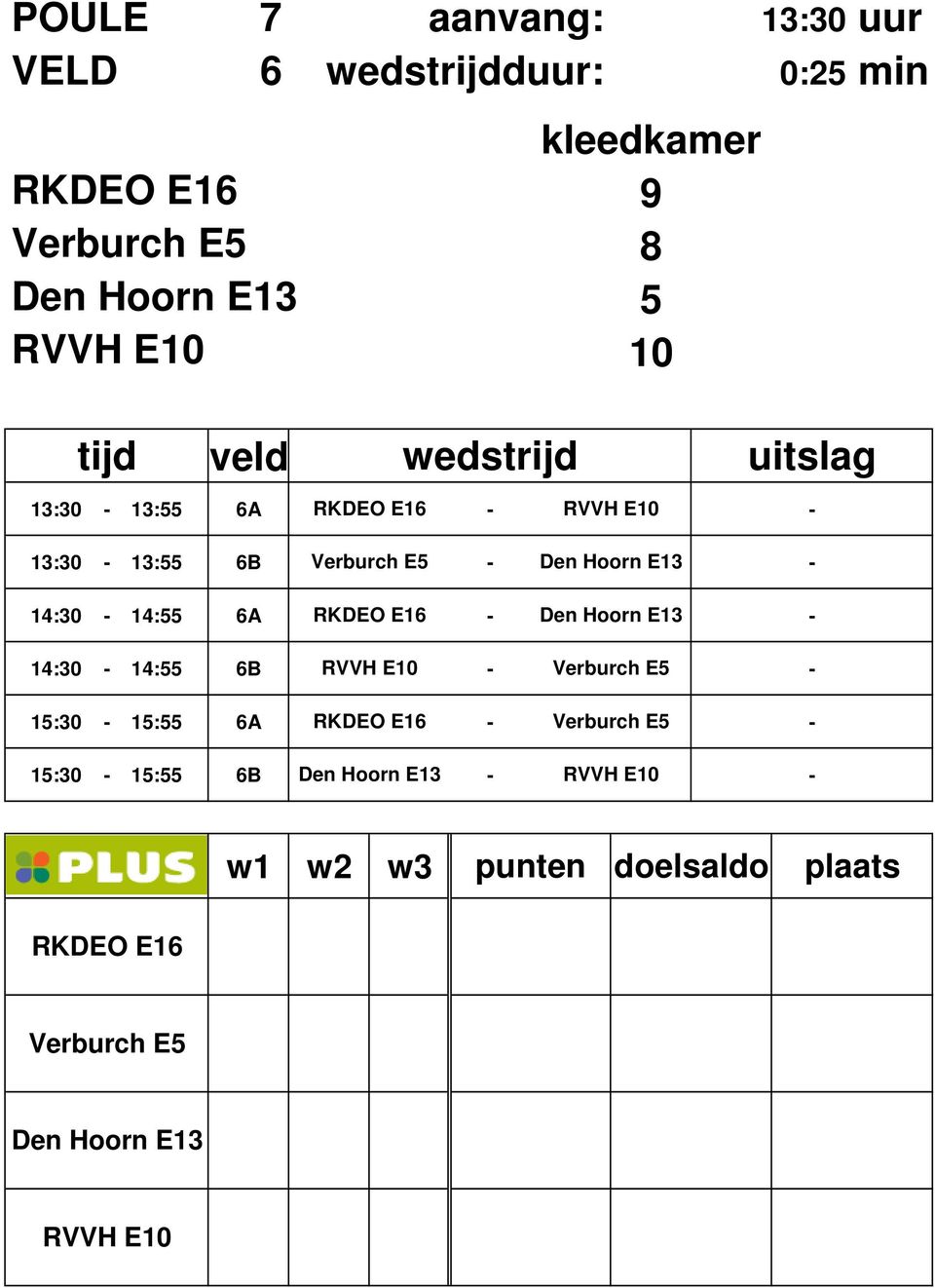 Hoorn E13 14:30 14:55 6A RKDEO E16 Den Hoorn E13 14:30 14:55 6B RVVH E10 Verburch E5 15:30 15:55