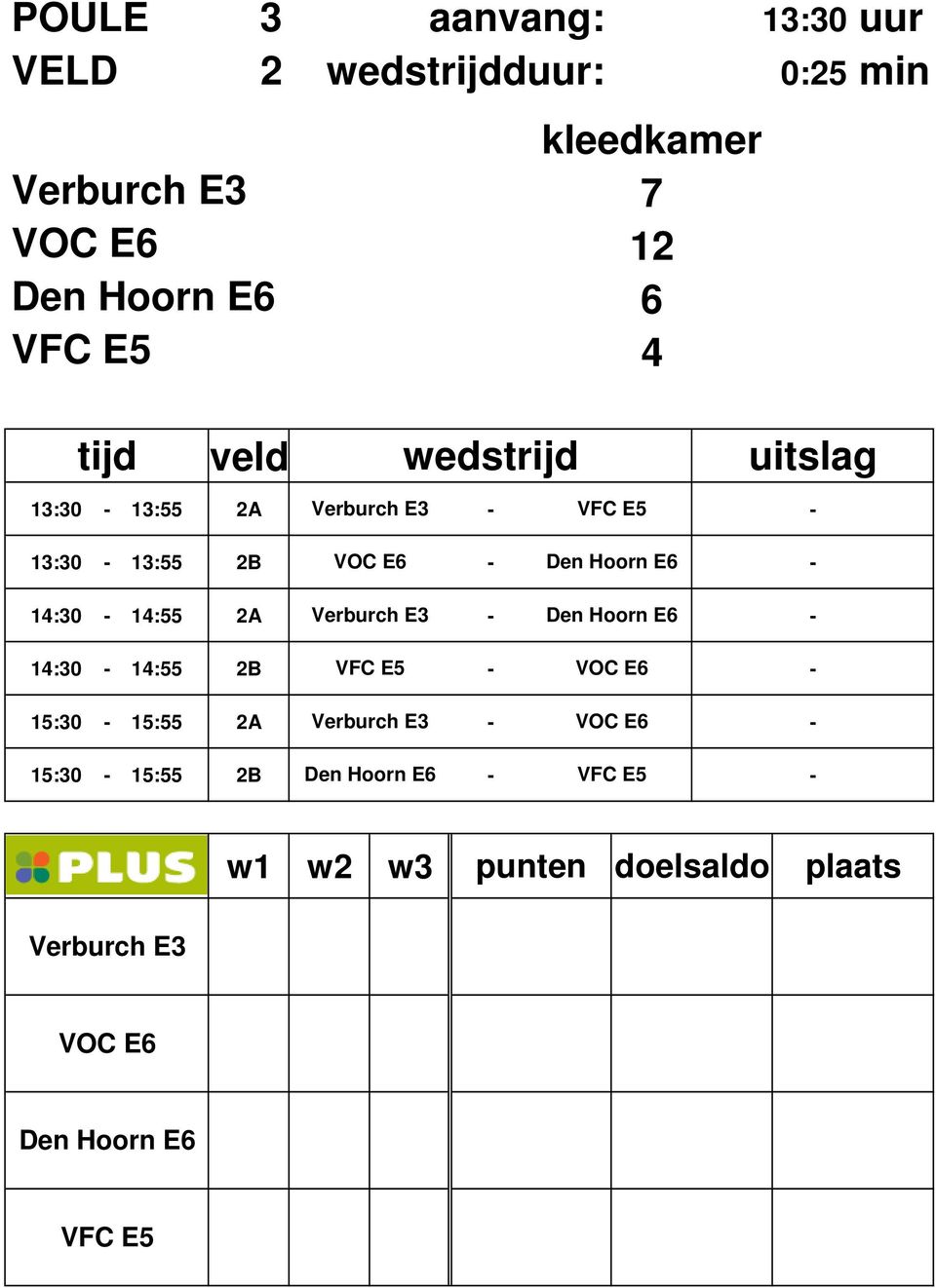 Hoorn E6 14:30 14:55 2A Verburch E3 Den Hoorn E6 14:30 14:55 2B VFC E5 VOC E6 15:30 15:55