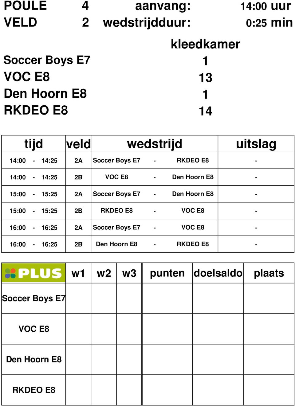 Hoorn E8 15:00 15:25 2A Soccer Boys E7 Den Hoorn E8 15:00 15:25 2B RKDEO E8 VOC E8 16:00 16:25 2A