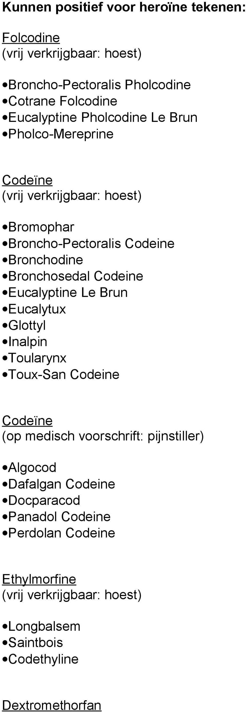 Codeine Eucalyptine Le Brun Eucalytux Glottyl Inalpin Toularynx Toux-San Codeine Codeïne (op medisch voorschrift: pijnstiller) Algocod