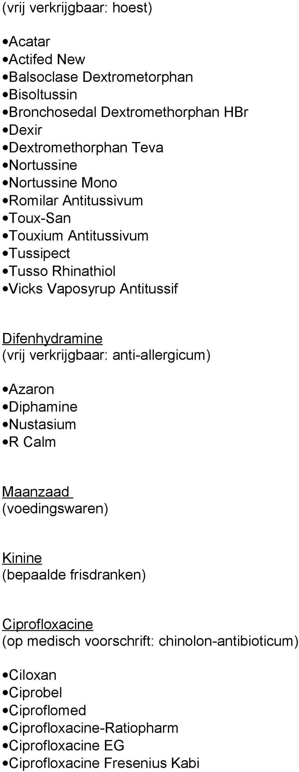 (vrij verkrijgbaar: anti-allergicum) Azaron Diphamine Nustasium R Calm Maanzaad (voedingswaren) Kinine (bepaalde frisdranken) Ciprofloxacine (op