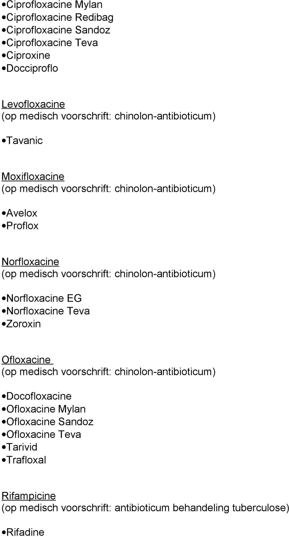voorschrift: chinolon-antibioticum) Norfloxacine EG Norfloxacine Teva Zoroxin Ofloxacine (op medisch voorschrift: chinolon-antibioticum)