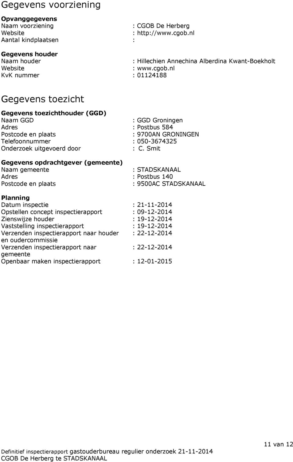 nl KvK nummer : 01124188 Gegevens toezicht Gegevens toezichthouder (GGD) Naam GGD : GGD Groningen Adres : Postbus 584 Postcode en plaats : 9700AN GRONINGEN Telefoonnummer : 050-3674325 Onderzoek