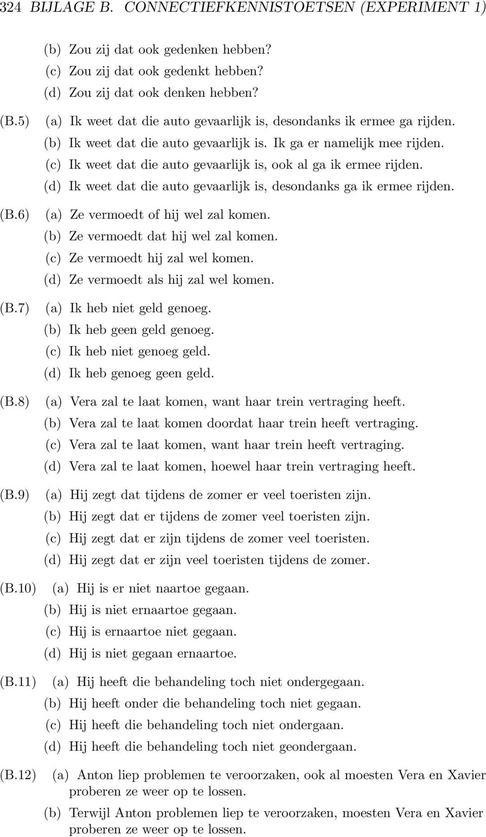 (c) Ik weet dat die auto gevaarlijk is, ook al ga ik ermee rijden. (d) Ik weet dat die auto gevaarlijk is, desondanks ga ik ermee rijden. (a) Ze vermoedt of hij wel zal komen.