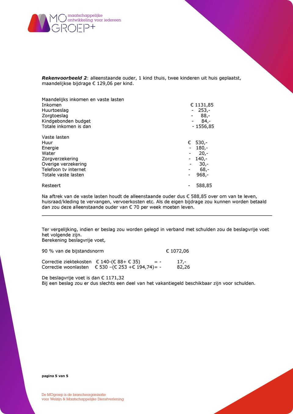 20,- Zorgverzekering - 140,- Overige verzekering - 30,- Telefoon tv internet - 68,- Totale vaste lasten - 968,- Resteert - 588,85 Na aftrek van de vaste lasten houdt de alleenstaande ouder dus 588,85