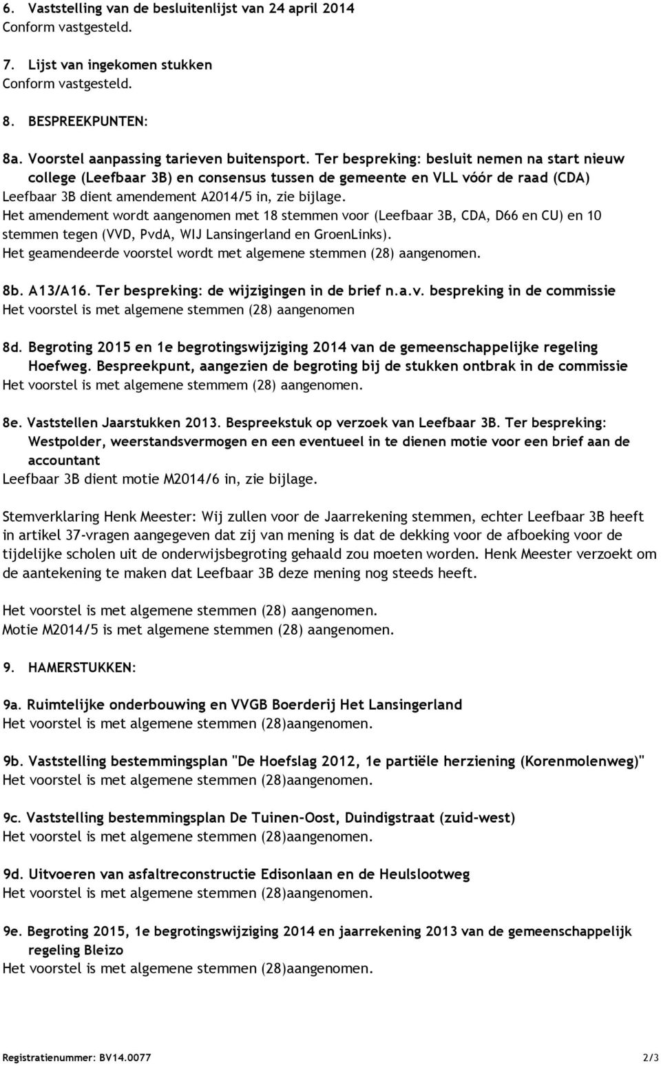 Het amendement wordt aangenomen met 18 stemmen voor (Leefbaar 3B, CDA, D66 en CU) en 10 stemmen tegen (VVD, PvdA, WIJ Lansingerland en GroenLinks).