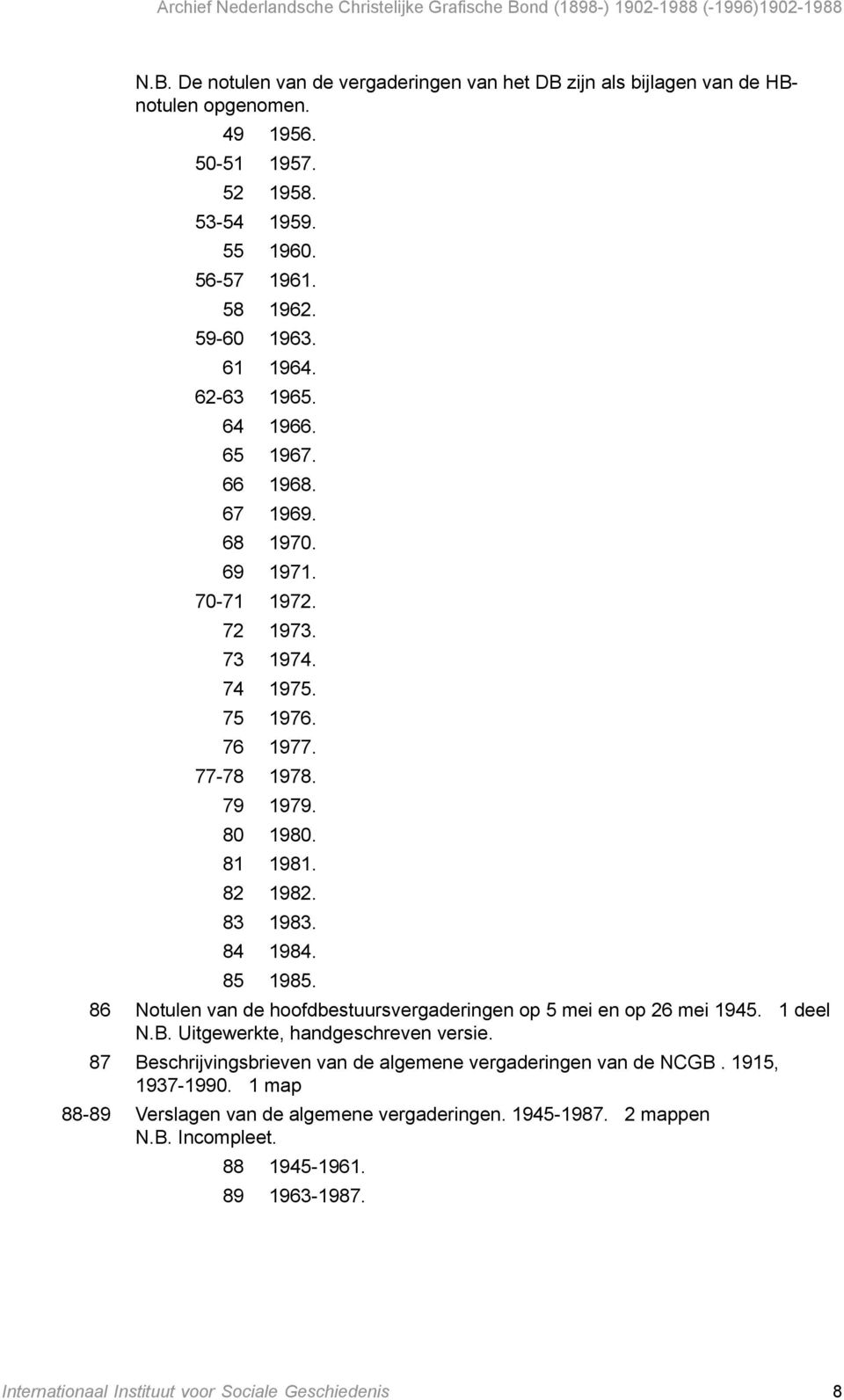 85 1985. 86 Notulen van de hoofdbestuursvergaderingen op 5 mei en op 26 mei 1945. 1 deel N.B. Uitgewerkte, handgeschreven versie.