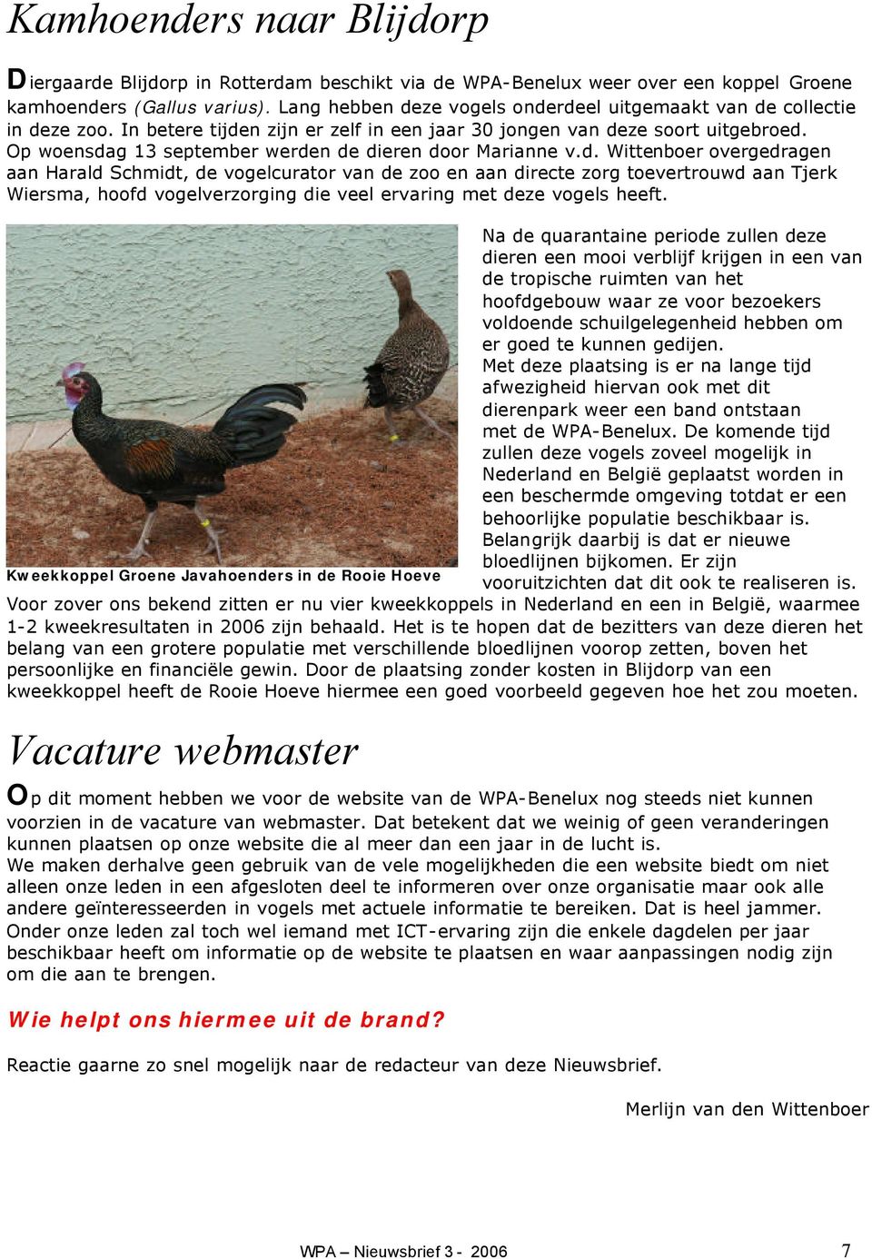 Op woensdag 13 september werden de dieren door Marianne v.d. Wittenboer overgedragen aan Harald Schmidt, de vogelcurator van de zoo en aan directe zorg toevertrouwd aan Tjerk Wiersma, hoofd vogelverzorging die veel ervaring met deze vogels heeft.