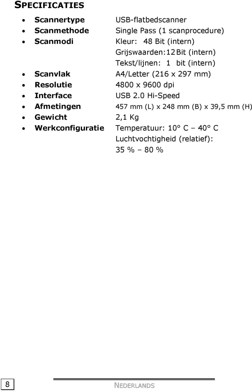 mm) Resolutie 4800 x 9600 dpi Interface USB 2.