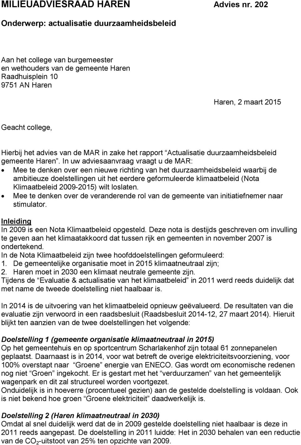 advies van de MAR in zake het rapport Actualisatie duurzaamheidsbeleid gemeente Haren.