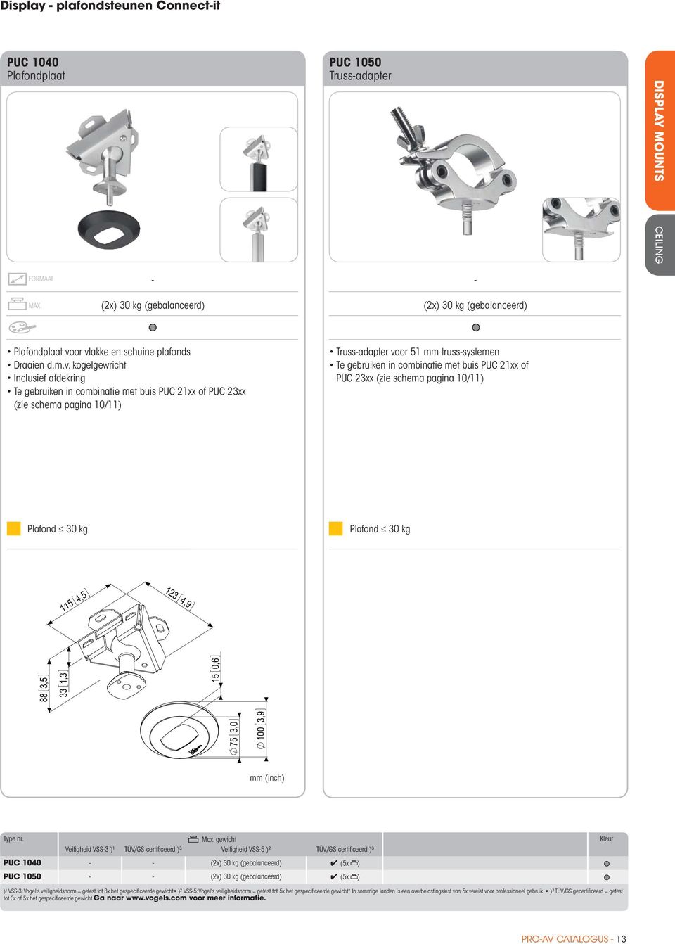 or vlakke en schuine plafonds Draaien d.m.v. kogelgewricht Inclusief afdekring Te gebruiken in combinatie met buis PUC 21xx of PUC 23xx (zie schema pagina 10/11) Trussadapter voor 51 mm trusssystemen