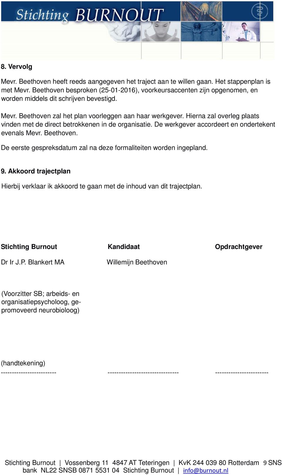 Hierna zal overleg plaats vinden met de direct betrokkenen in de organisatie. De werkgever accordeert en ondertekent evenals Mevr. Beethoven.