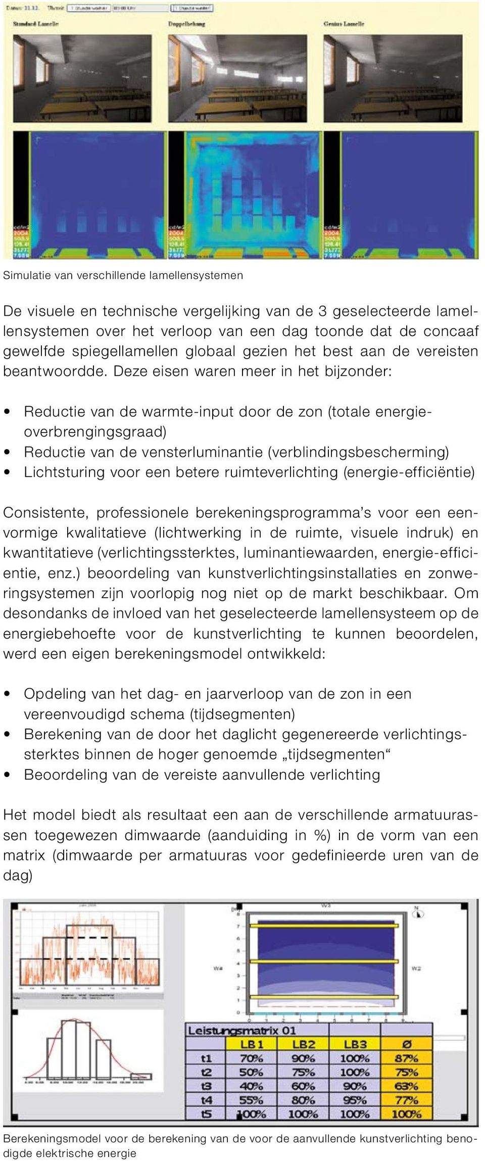 Deze eisen waren meer in het bijzonder: Reductie van de warmte-input door de zon (totale energieoverbrengingsgraad) Reductie van de vensterluminantie (verblindingsbescherming) Lichtsturing voor een