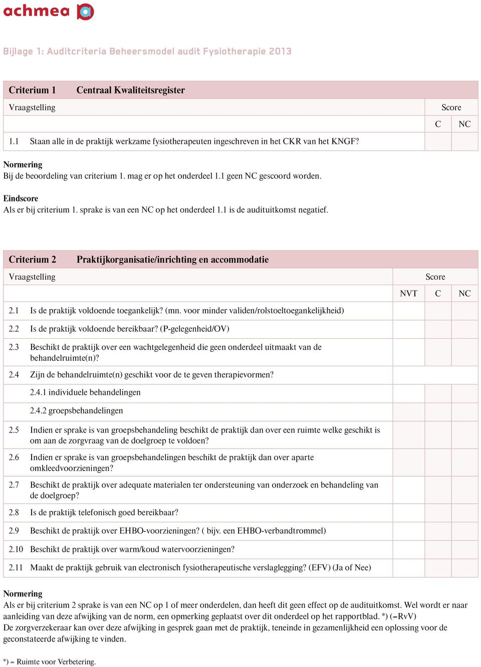 Als er bij criterium 1. sprake is van een NC op het onderdeel 1.1 is de audituitkomst negatief. Criterium 2 Praktijkorganisatie/inrichting en accommodatie 2.1 Is de praktijk voldoende toegankelijk?