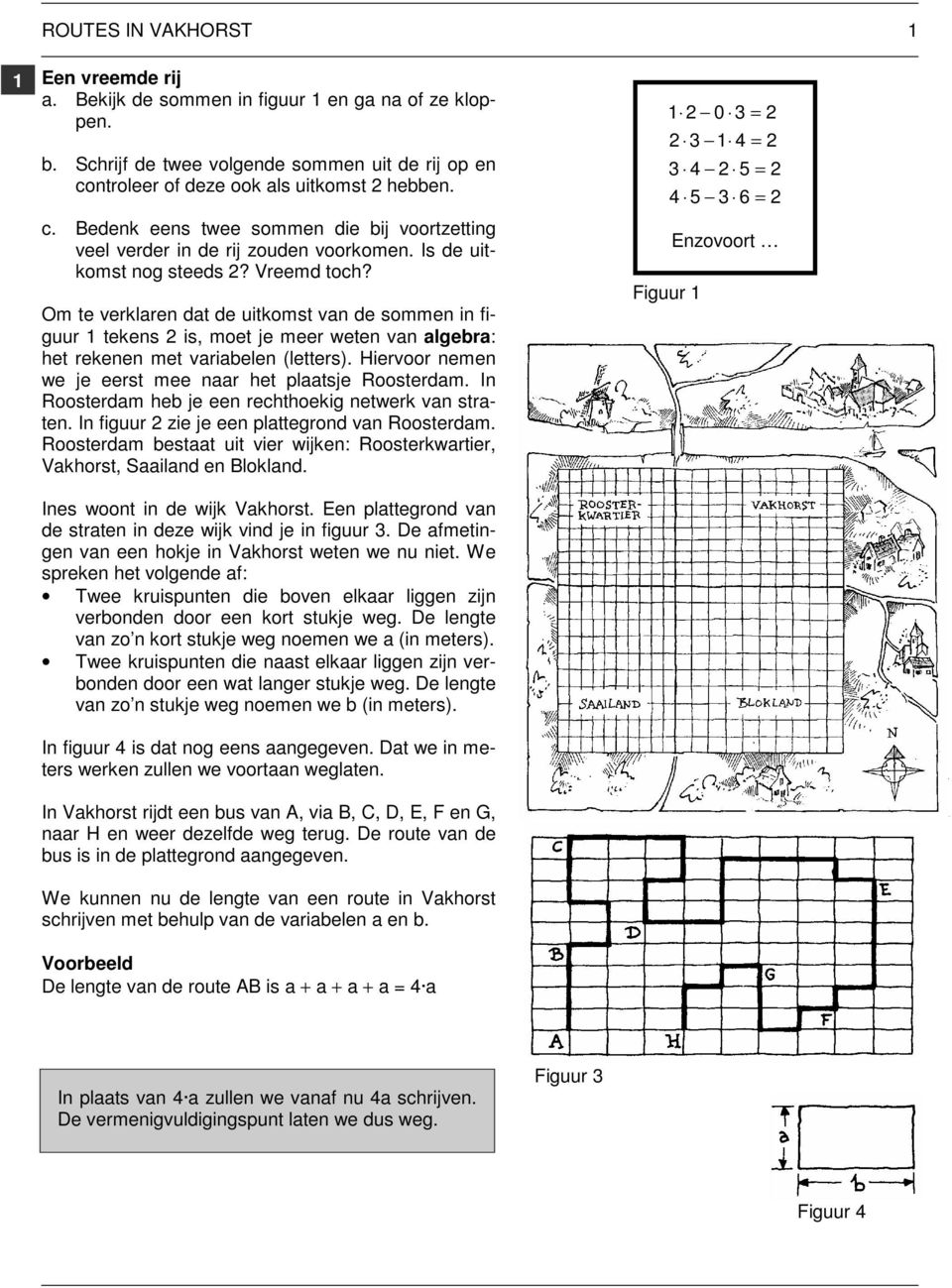 Om te verklaren dat de uitkomst van de sommen in figuur 1 tekens is, moet je meer weten van algebra: het rekenen met variabelen (letters). Hiervoor nemen we je eerst mee naar het plaatsje Roosterdam.