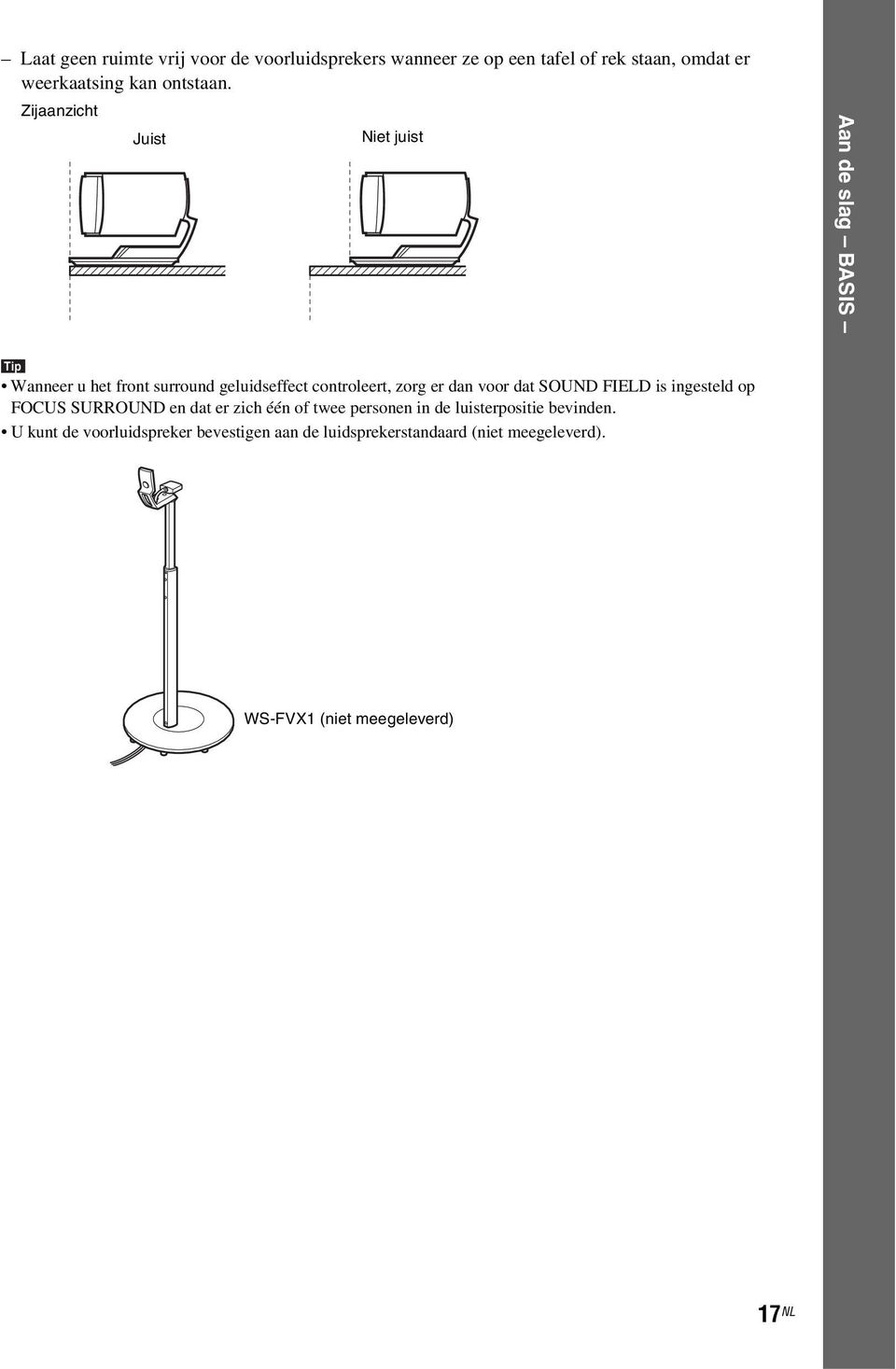 Zijaanzicht Juist Niet juist Aan de slag BASIS Tip Wanneer u het front surround geluidseffect controleert, zorg er dan