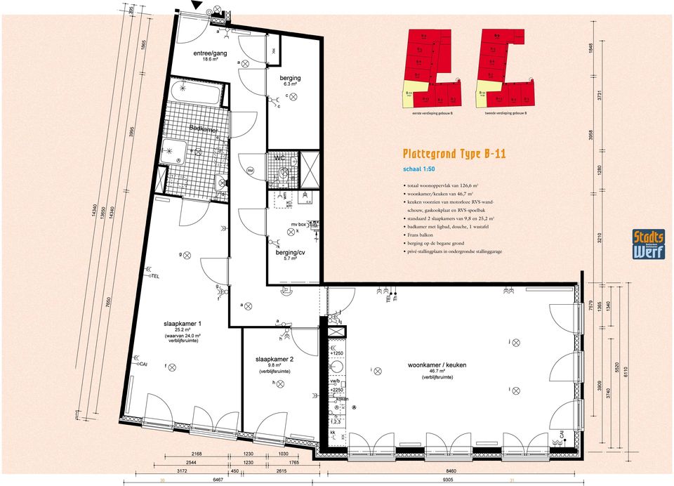 woonoppervlak van 126,6 m 2 woonkamer/keuken van 46,7 m 2 keuken voorzien van motorloze RVS-wandschouw,