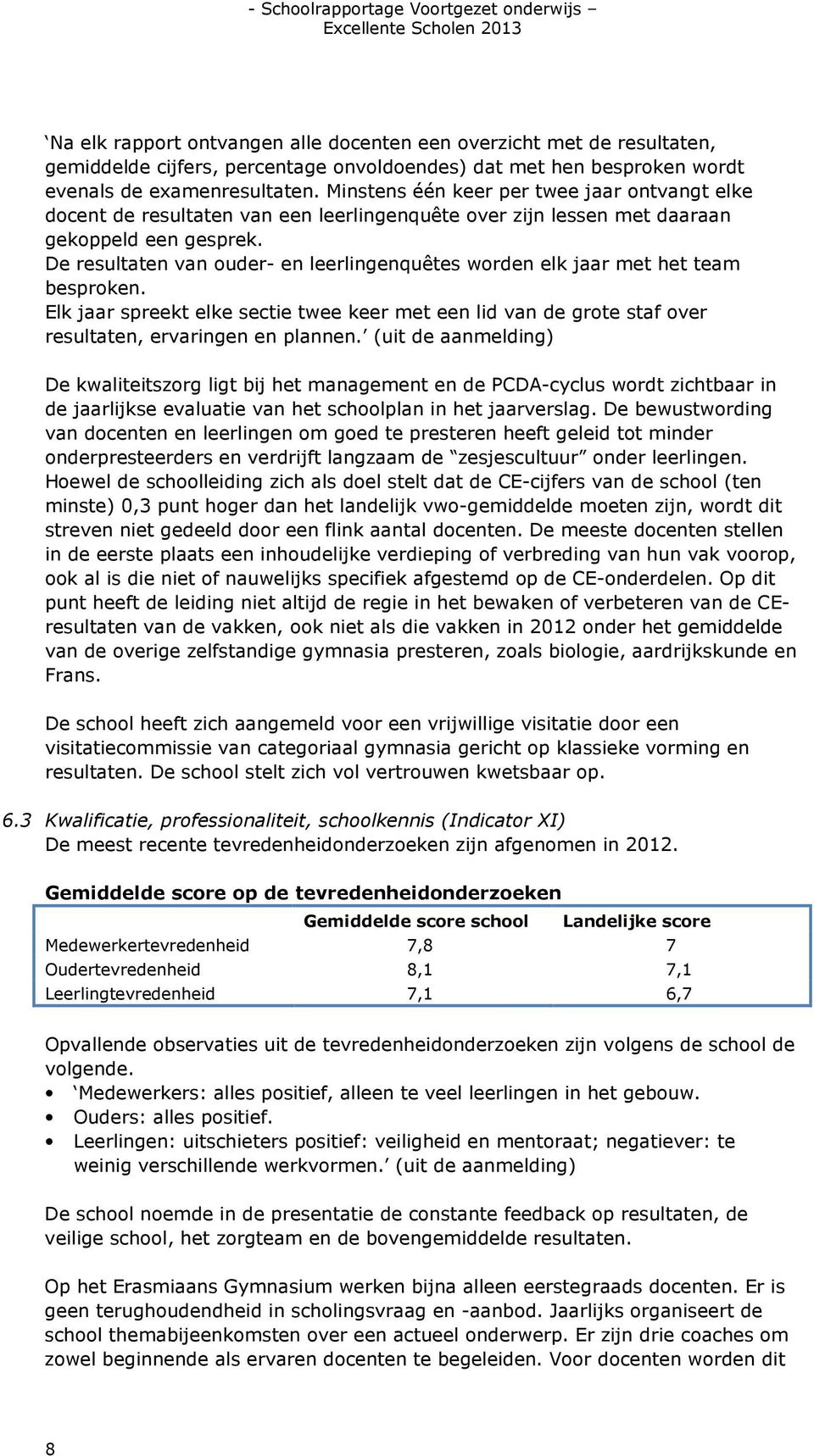 De resultaten van ouder- en leerlingenquêtes worden elk jaar met het team besproken. Elk jaar spreekt elke sectie twee keer met een lid van de grote staf over resultaten, ervaringen en plannen.