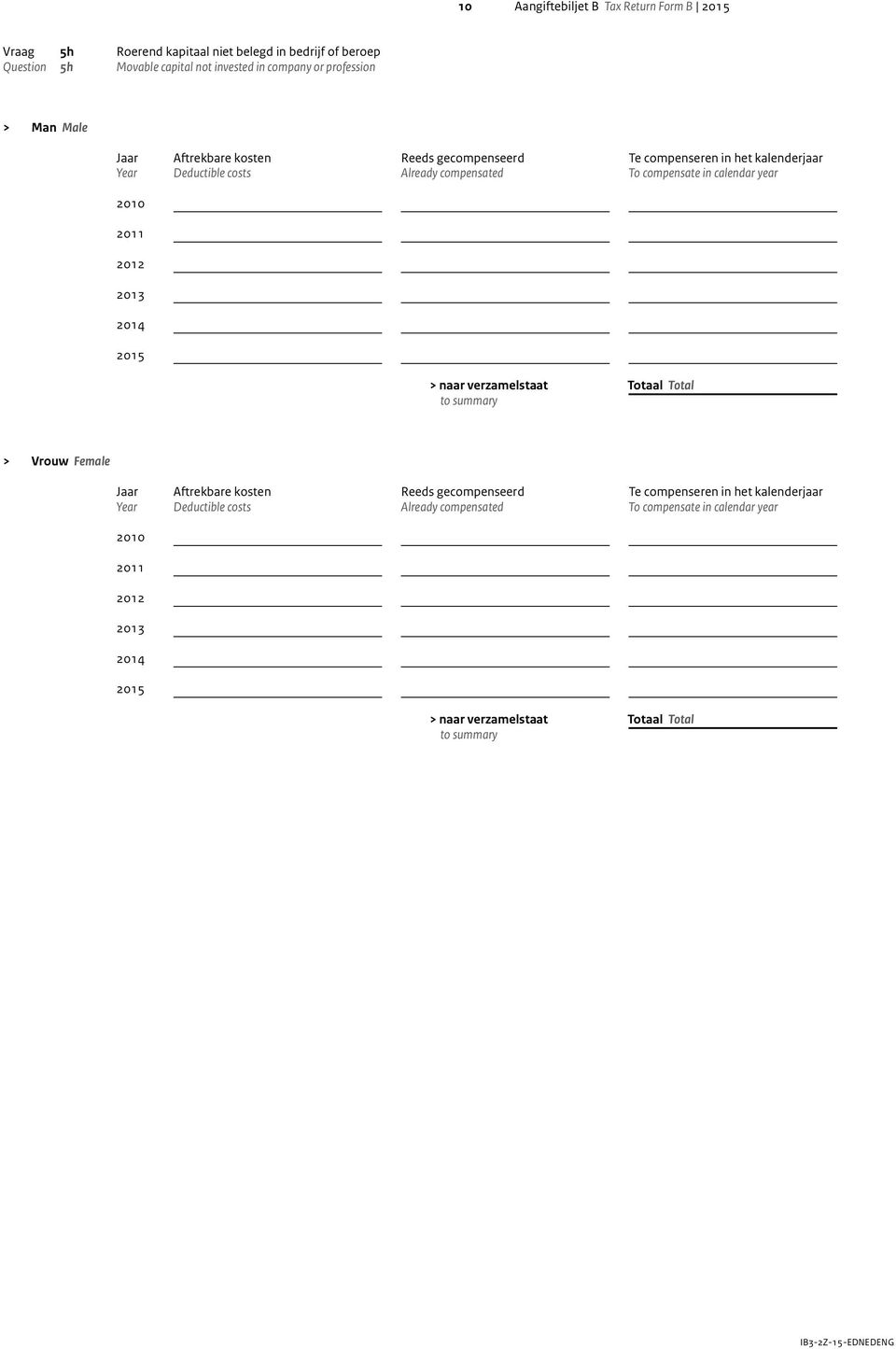 compensated Te compenseren in het kalenderjaar To compensate in calendar year Totaal Total > Aftrekbare kosten