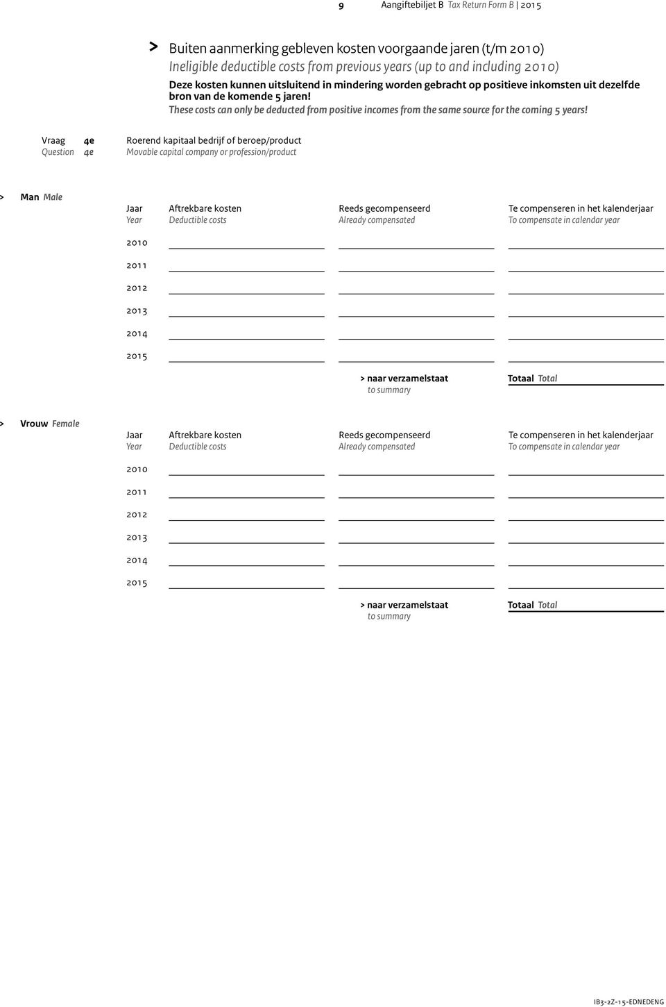 Vraag 4e Roerend kapitaal bedrijf of beroep/product Question 4e Movable capital company or profession/product > Aftrekbare kosten Deductible costs Reeds gecompenseerd Already compensated Te