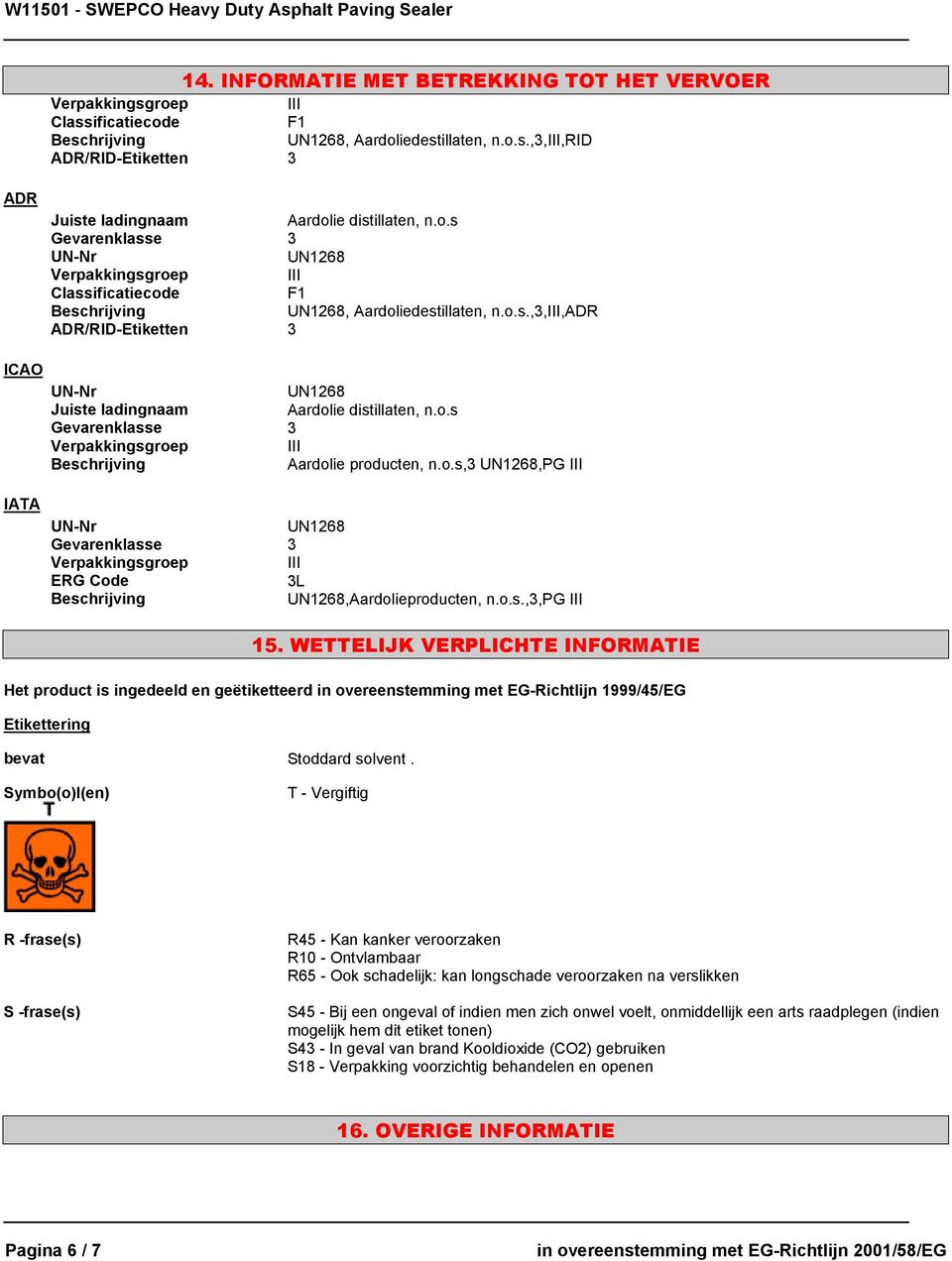 WETTELIJK VERPLICHTE INFORMATIE Het product is ingedeeld en geëtiketteerd in overeenstemming met EG-Richtlijn 1999/45/EG Etikettering bevat Stoddard solvent.