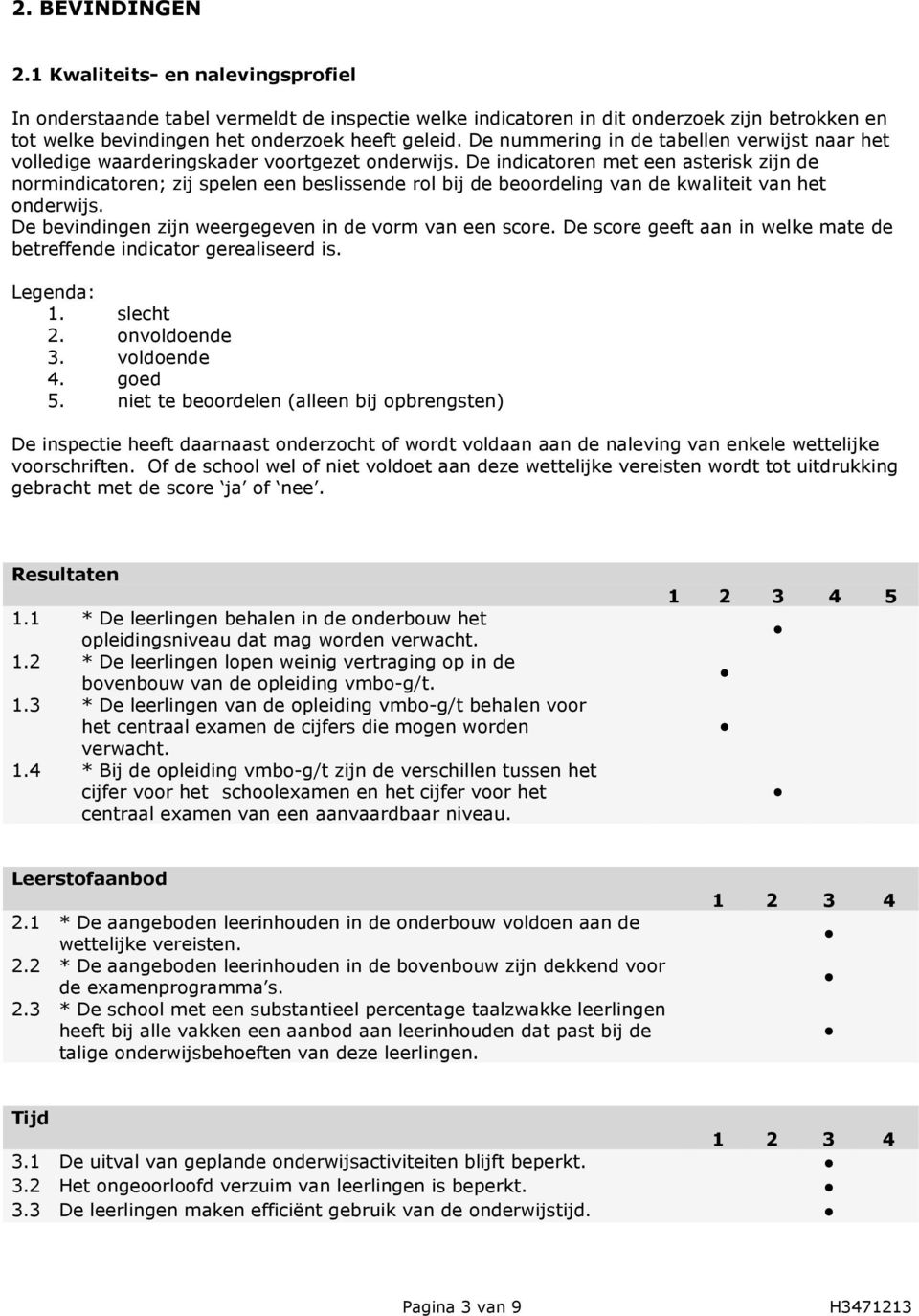 De indicatoren met een asterisk zijn de normindicatoren; zij spelen een beslissende rol bij de beoordeling van de kwaliteit van het onderwijs. De bevindingen zijn weergegeven in de vorm van een score.