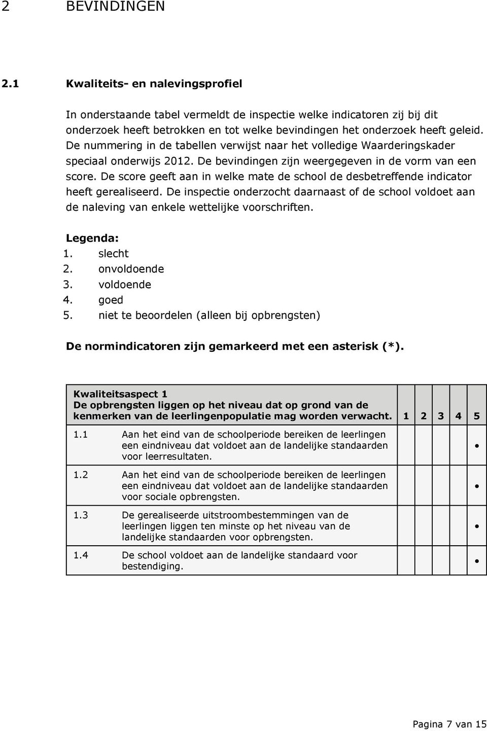 De nummering in de tabellen verwijst naar het volledige Waarderingskader speciaal onderwijs 2012. De bevindingen zijn weergegeven in de vorm van een score.