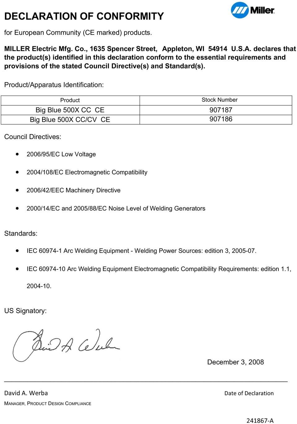 2006/42/EEC Machinery Directive 2000/14/EC and 2005/88/EC Noise Level of Welding Generators Standards: IEC 60974 1 Arc Welding Equipment Welding Power Sources: edition 3, 2005 07.