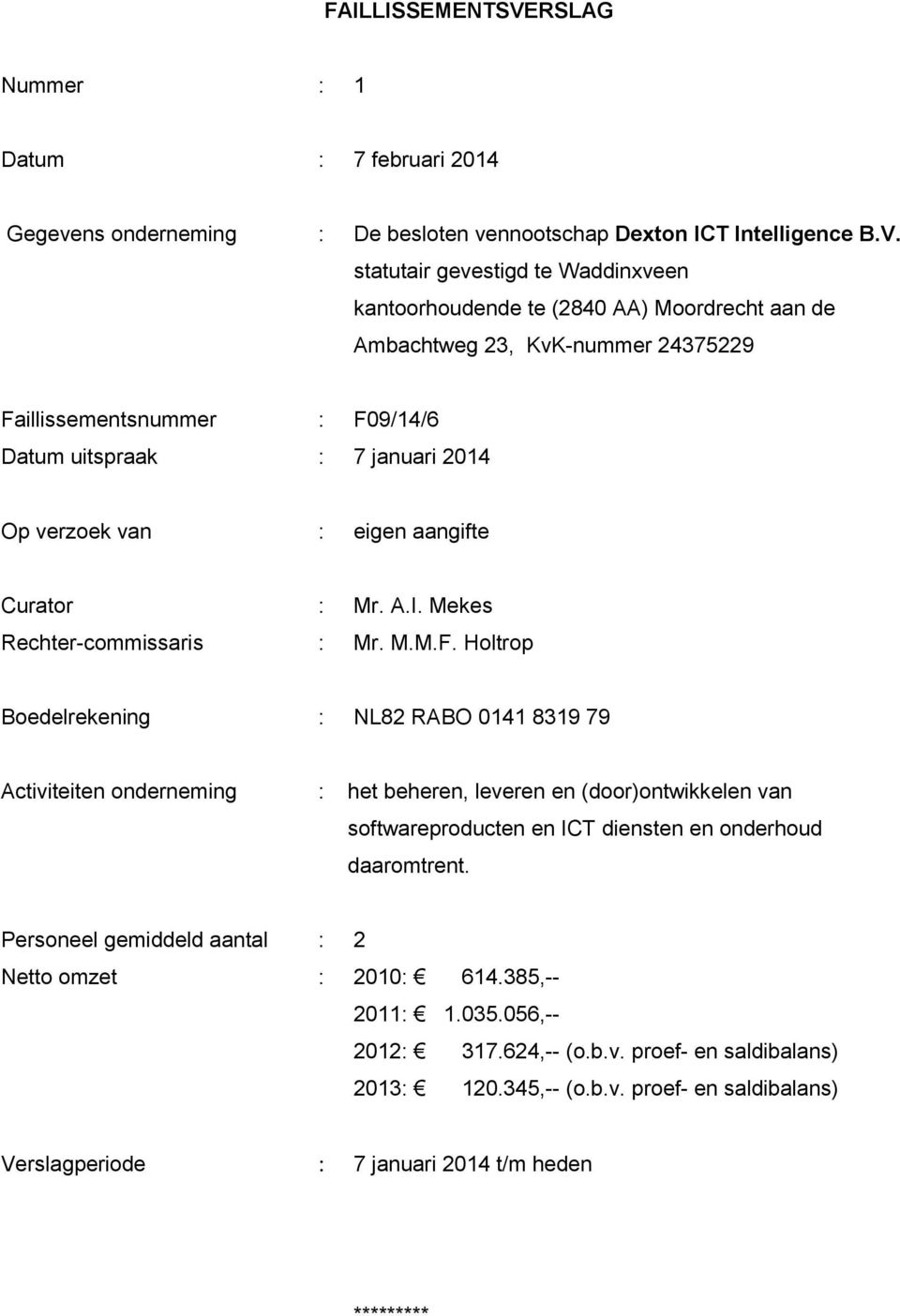 statutair gevestigd te Waddinxveen kantoorhoudende te (2840 AA) Moordrecht aan de Ambachtweg 23, KvK-nummer 24375229 Faillissementsnummer : F09/14/6 Datum uitspraak : 7 januari 2014 Op verzoek van :