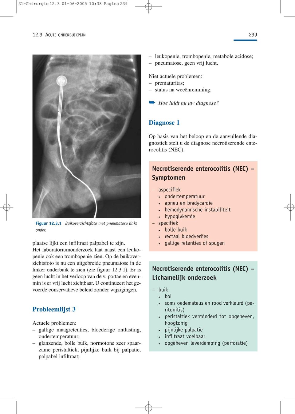 Diagnose 1 Op basis van het beloop en de aanvullende diagnostiek stelt u de diagnose necrotiserende enterocolitis (NEC). Symptomen Figuur 12.3.1 onder. plaatse lijkt een infiltraat palpabel te zijn.