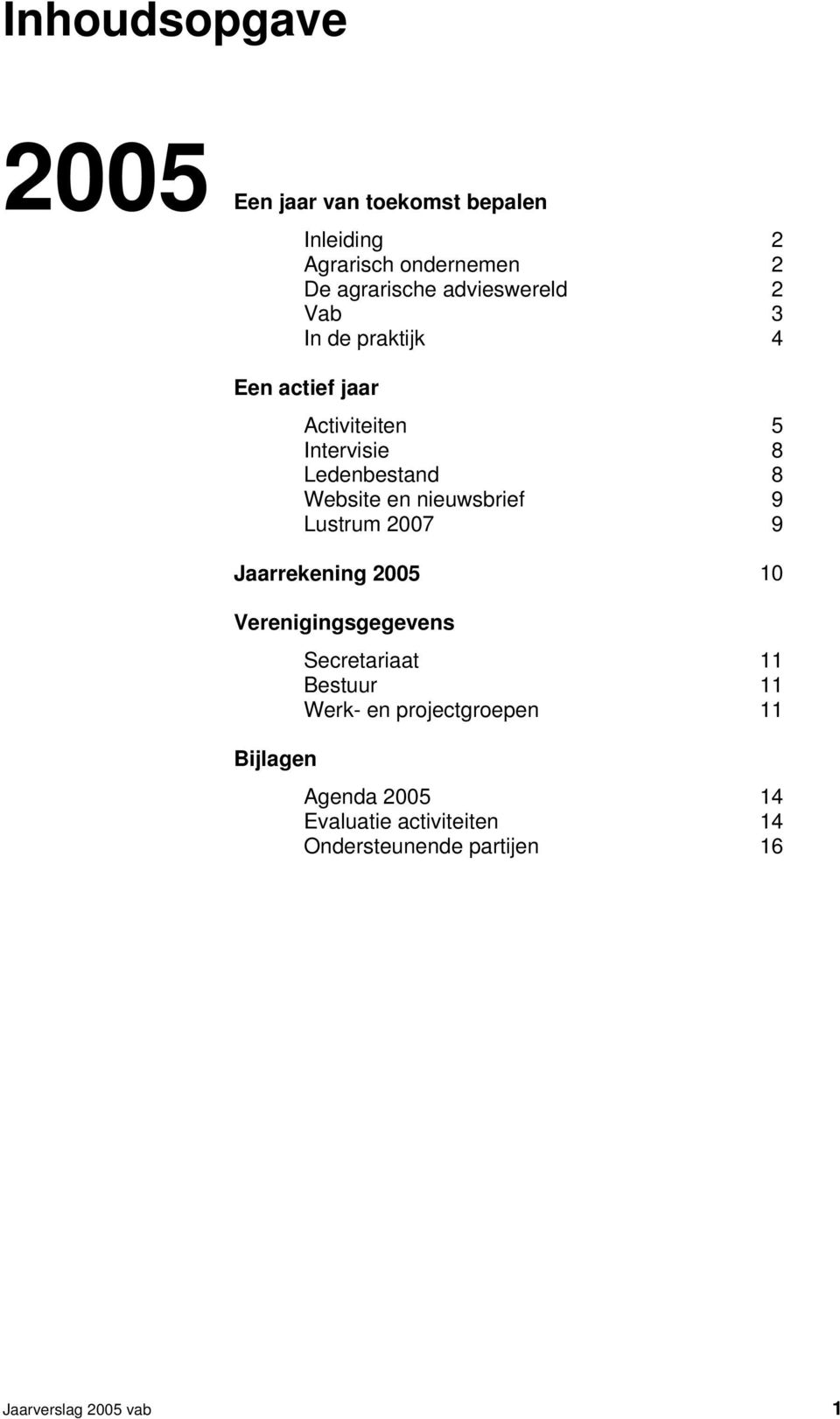 Jaarrekening 2005 Verenigingsgegevens Bijlagen Secretariaat Bestuur Werk- en projectgroepen Agenda 2005