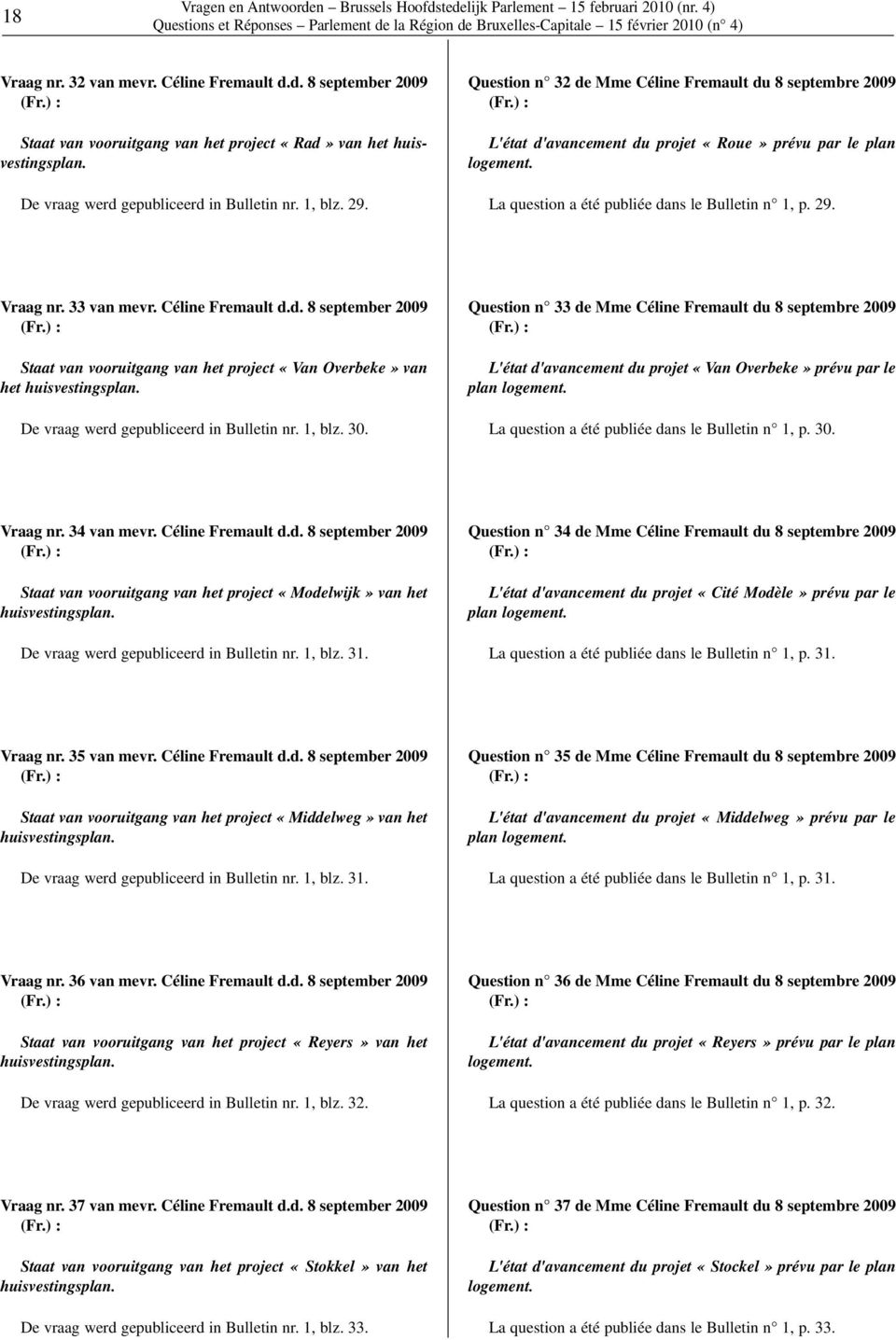 La question a été publiée dans le Bulletin n 1, p. 29. Vraag nr. 33 van mevr. Céline Fremault d.d. 8 september 2009 Staat van vooruitgang van het project «Van Overbeke» van het huisvestingsplan.