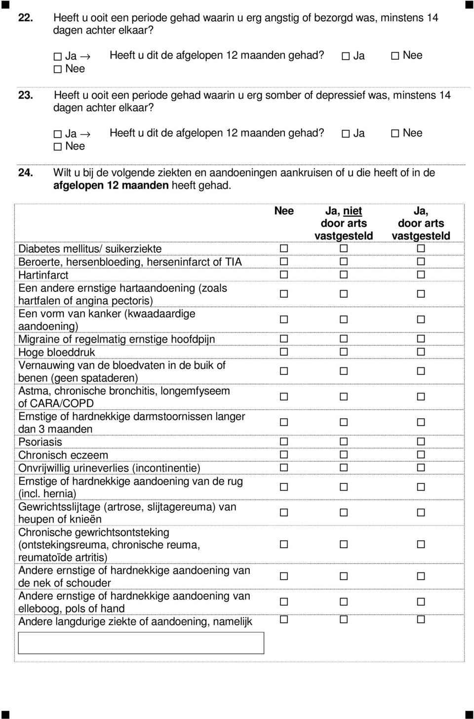 Wilt u bij de volgende ziekten en aandoeningen aankruisen of u die heeft of in de afgelopen 12 maanden heeft gehad.