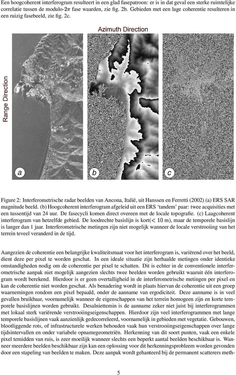 (b) Hoogcoheren inerferogram afgeleid ui een ERS andem paar: wee acquisiies me een ussenijd van 24 uur. De fasecycli komen direc overeen me de locale opografie.
