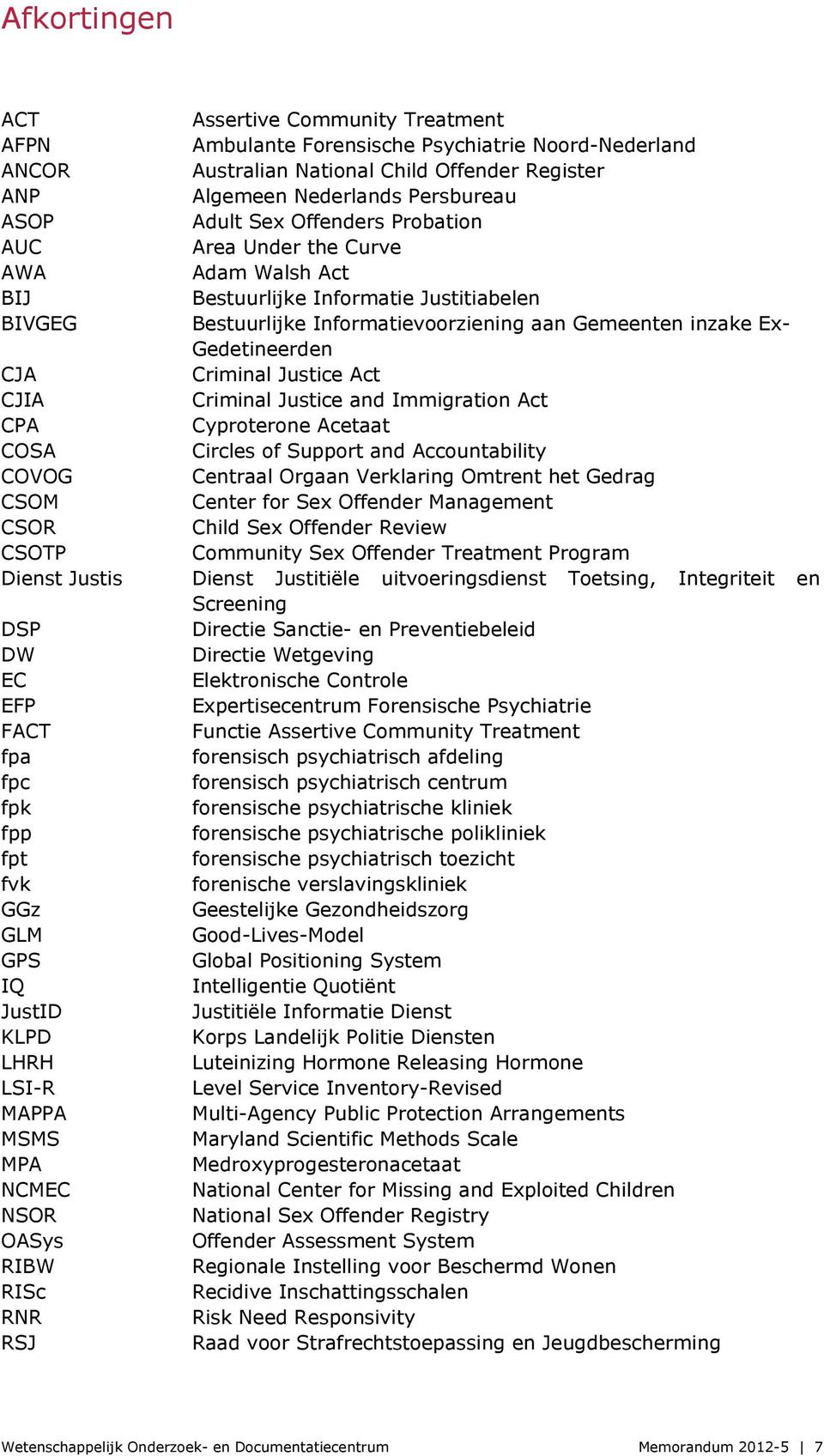 Criminal Justice Act CJIA Criminal Justice and Immigration Act CPA Cyproterone Acetaat COSA Circles of Support and Accountability COVOG Centraal Orgaan Verklaring Omtrent het Gedrag CSOM Center for