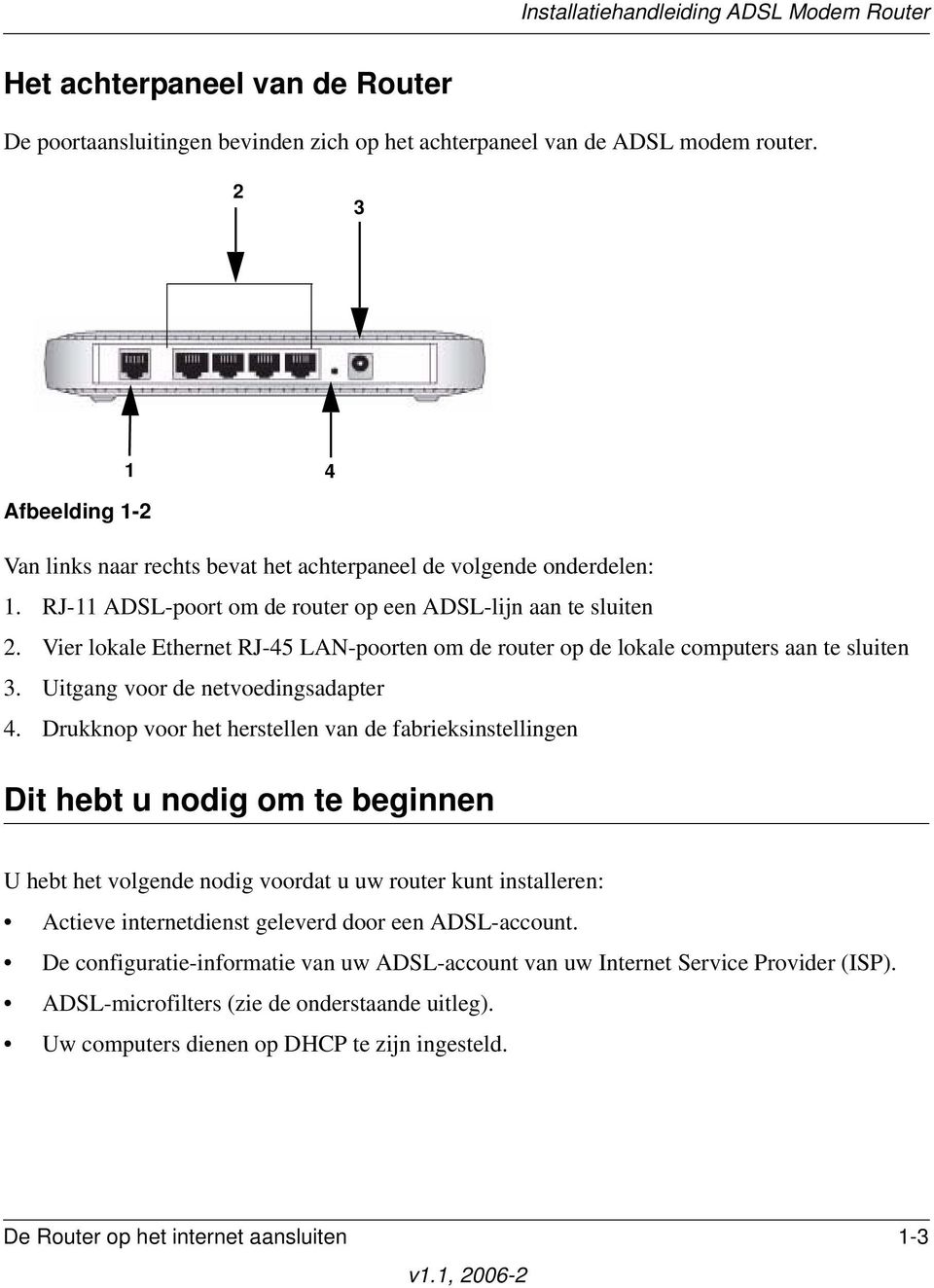 Vier lokale Ethernet RJ-45 LAN-poorten om de router op de lokale computers aan te sluiten 3. Uitgang voor de netvoedingsadapter 4.