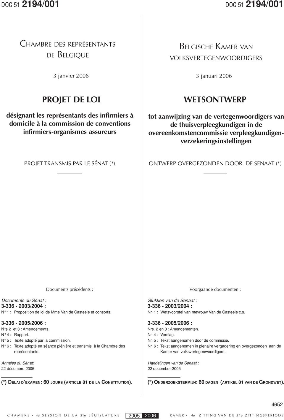 verpleegkundigenverzekeringsinstellingen PROJET TRANSMIS PAR LE SÉNAT (*) ONTWERP OVERGEZONDEN DOOR DE SENAAT (*) Documents précédents : Documents du Sénat : 3-336 - 2003/2004 : N 1 : Proposition de