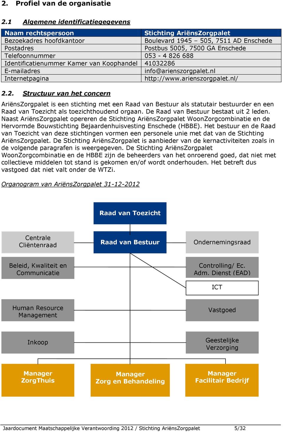 053-4 826 688 Identificatienummer Kamer van Koophandel 41032286 E-mailadres info@arienszorgpalet.nl Internetpagina http://www.arienszorgpalet.nl/ 2.2. Structuur van het concern AriënsZorgpalet is een stichting met een Raad van Bestuur als statutair bestuurder en een Raad van Toezicht als toezichthoudend orgaan.