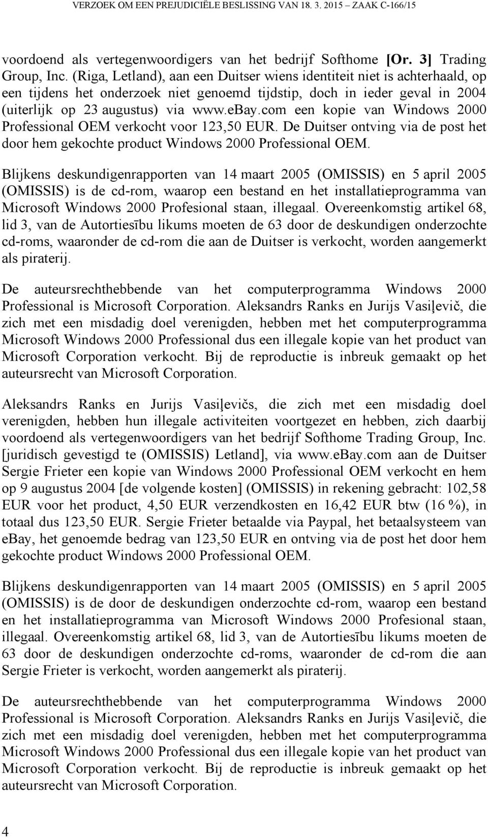 com een kopie van Windows 2000 Professional OEM verkocht voor 123,50 EUR. De Duitser ontving via de post het door hem gekochte product Windows 2000 Professional OEM.