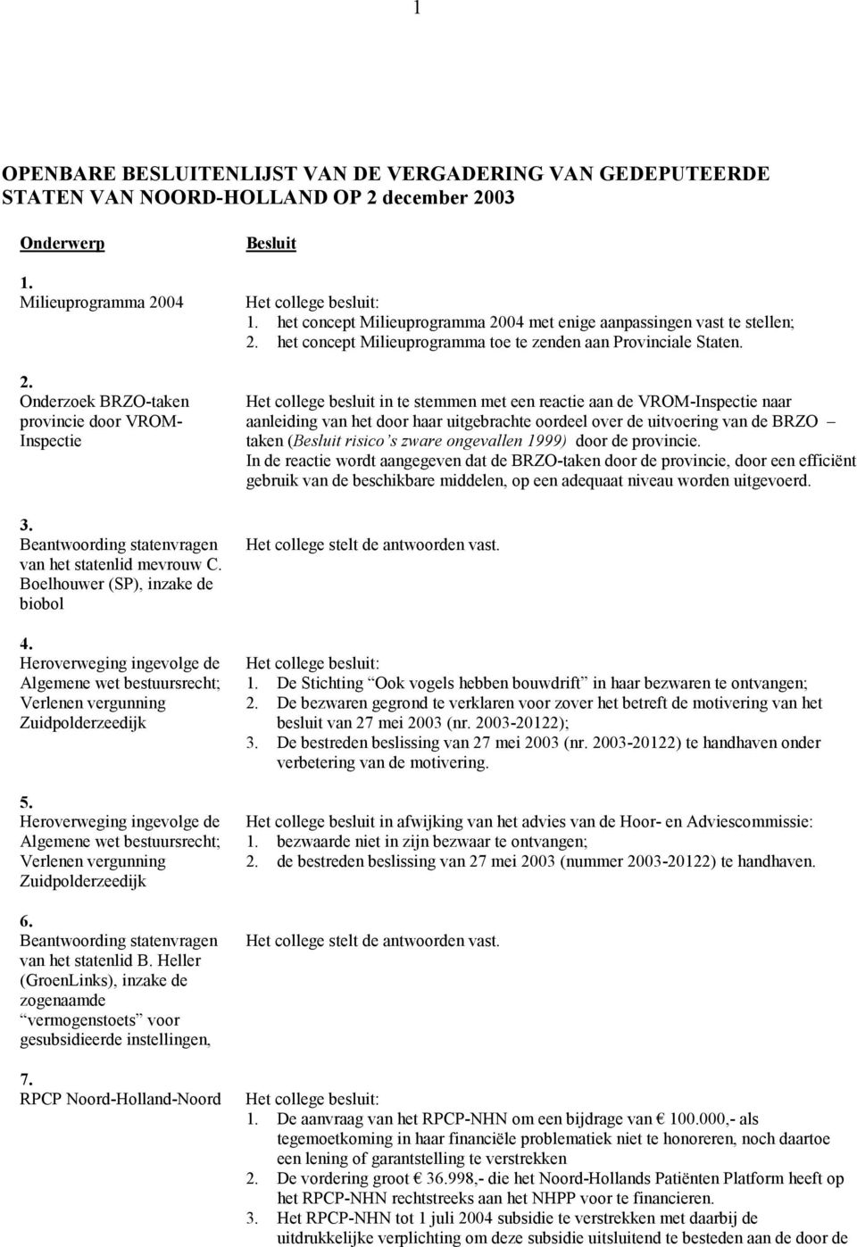 Beantwoording statenvragen van het statenlid B. Heller (GroenLinks), inzake de zogenaamde vermogenstoets voor gesubsidieerde instellingen, 7. RPCP Noord-Holland-Noord 1.