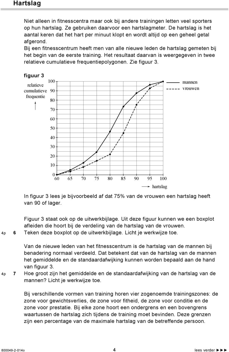 Bij een fitnesscentrum heeft men van alle nieuwe leden de hartslag gemeten bij het begin van de eerste training. Het resultaat daarvan is weergegeven in twee relatieve cumulatieve frequentiepolygonen.